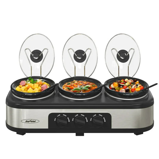 Buffet Cooker - SUNVIVI Triple Slow Cooker - Food Warmer, Buffet Servers with 3 Ceramic Pot 1.5 Quart Crock