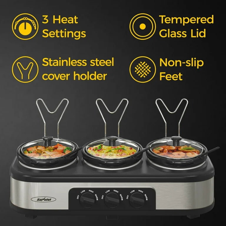 Buffet Cooker - SUNVIVI Triple Slow Cooker - Food Warmer, Buffet Servers with 3 Ceramic Pot 1.5 Quart Crock