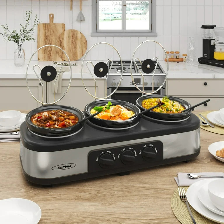 Buffet Cooker - SUNVIVI Triple Slow Cooker - Food Warmer, Buffet Servers with 3 Ceramic Pot 1.5 Quart Crock